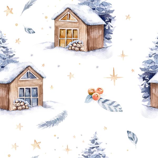 تصاویر کریسمس-خانه های پوشیده از برف در جنگل در پس زمینه سفید آبرنگ نقاشی شده