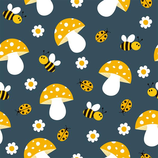 الگوی بدون درز با زنبورهای ناز قارچ کفشدوزک و دیزی می توان از آن برای کاغذ دیواری بسته بندی کارت الگوهای لباس و موارد دیگر استفاده کرد