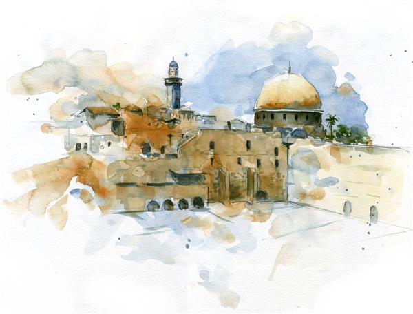 نقاشی آبرنگ طرح رنگارنگ اورشلیم