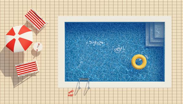 نمای بالای یک استخر شنا صندلی های عرشه و چتر مفهوم تابستان تصویر سه بعدی