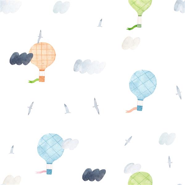 الگوی بدون درز آبرنگ پس زمینه زیبا با بالن های هوای گرم پرندگان و ابرها مناسب برای پارچه پارچه کاغذ دیواری مهد کودک