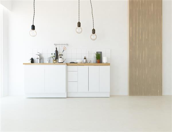 فضای داخلی اتاق آشپزخانه مینیمالیستی سفید با مبلمان ناهارخوری روی یک کف چوبی دکور روی یک دیوار بزرگ منظره سفید در پنجره داخلی نوردیک خانه تصویرسازی سه بعدی