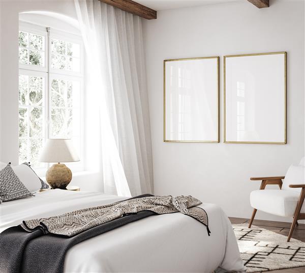 قاب موکاپ در فضای داخلی اتاق خواب لوکس به سبک همپتون رندر سه بعدی