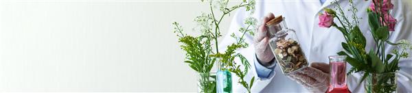 مفهوم ترکیبات ارگانیک گیاهی طبیعی در لوازم آرایشی و بهداشتی مرد جوانی دانشمند با لباس پزشکی سفید در حال انجام تحقیقات و آزمایشات آزمایشگاهی با ترکیبات گیاهی و گل فضای کپی بنر را نزدیک کنید