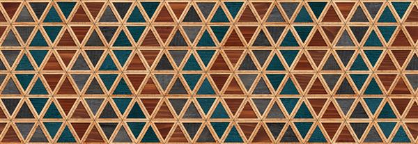 پس زمینه چوبی بدون درز با الگوی هندسی پانل دیواری مدرن ساخته شده از سلول های چوبی مثلثی در رنگ های قهوه ای آبی و مشکی