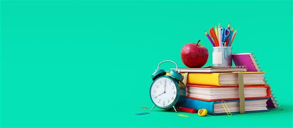 لوازم مدرسه با سیب کتاب و ساعت زنگ دار در پس زمینه سبز مفهوم بازگشت به مدرسه رندر سه بعدی تصویرسازی سه بعدی