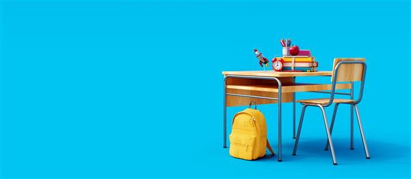 میز مدرسه با لوازم جانبی مدرسه و کوله پشتی زرد در پس زمینه آبی رندر سه بعدی تصویرسازی سه بعدی