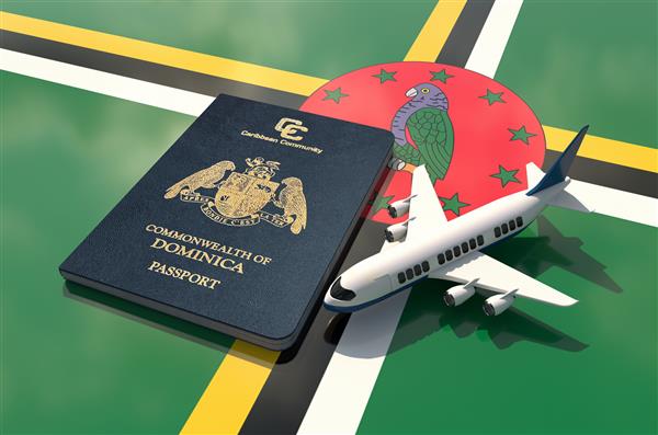 گذرنامه دومینیکا و یک هواپیما روی پرچم تصویر سه بعدی - مشترک المنافع دومینیکا
