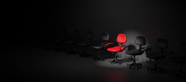 مصاحبه شغلی مفاهیم استخدامی ردیفی از صندلی ها که یکی از آنها بیرون است فرصت شغلی صندلی قرمز در کانون توجه رهبری کسب و کار مفهوم استخدام رندر و تصویرسازی سه بعدی