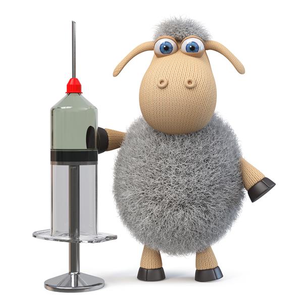 تصویر سه بعدی از گوسفند غمگین آلوده به ویروس کرونا با سرنگ واکسیناسیون