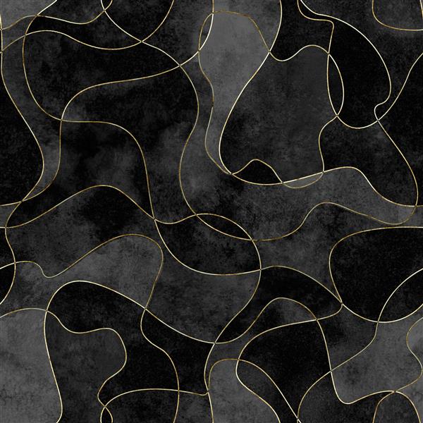 شکل مایع هندسی تخت مدرن انتزاعی الگوی بدون درز را تشکیل می دهد پس زمینه مینیمال بافت شیک با اشکال آینده نگر خاکستری سیاه و خطوط طلایی قالب طراحی جلد برای پارچه کاغذ دیواری