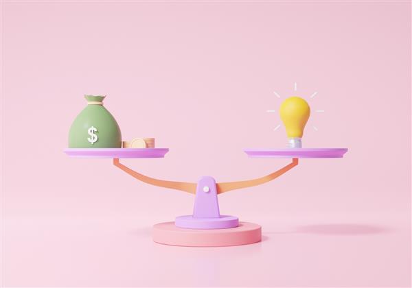 مفهوم ترازو تعادل ایده نوآوری پول در مقابل لامپ آموزش سرمایه گذاری کسب و کار مالی با کیف پول سبک کارتونی مینیمال در پس زمینه صورتی رندر سه بعدی تصویر