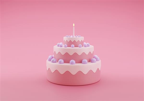 کیک تولد ناز رندر سه بعدی صورتی رنگ 3 طبقه با شمع کیک شیرین برای تولد شگفت انگیز روز مادر روز ولنتاین در پس زمینه صورتی
