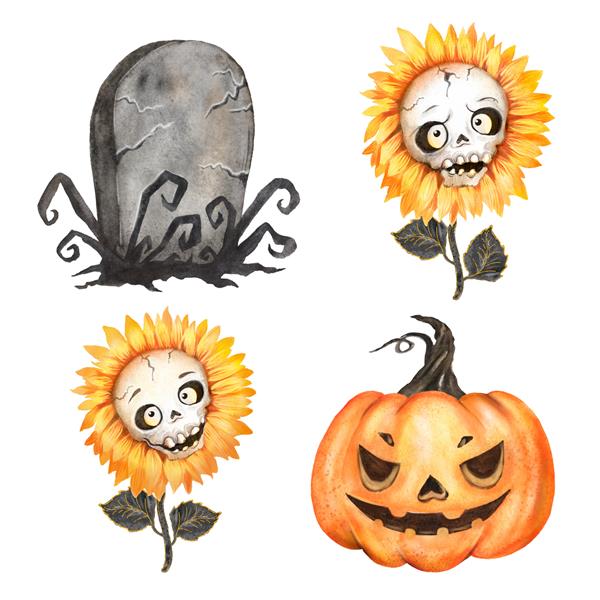 تزیینات هالووین آبرنگ کدو تنبل قبر گل ها- صورت های جمجمه شخصیت های هالووین ترسناک پاییزی گل های وحشتناک هیولاها