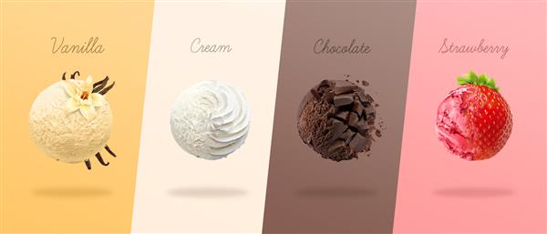 قاشق بستنی با تکه های وانیل خامه شکلات و توت فرنگی تصویرسازی سه بعدی