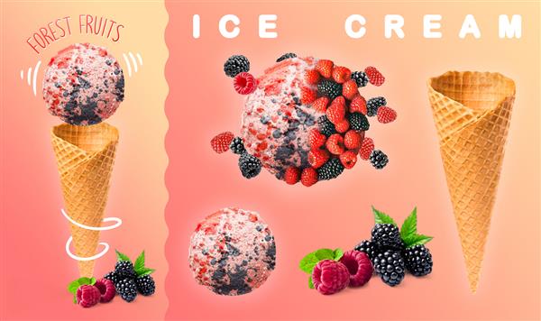بستنی میوه های جنگلی اسکوپ بستنی میوه های جنگلی با مخروط وافل و عکاسی از میوه های جنگلی تصویرسازی سه بعدی برای بنرها صفحات فرود و صفحات وب با نقوش تابستانی
