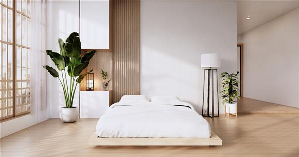 سبک مینیمال ژاپنی اتاق خواب دیوار سفید مدرن و کف چوبی اتاق مینیمال رندر سه بعدی