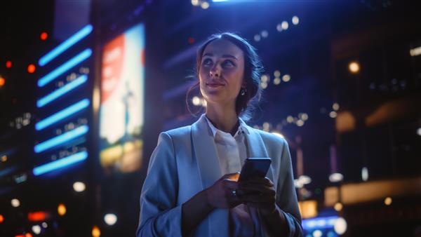 زن جوان زیبا با استفاده از تلفن هوشمند ایستاده در خیابان شهر شب پر از نور نئون پرتره زن زیبا و خندان با استفاده از تلفن همراه