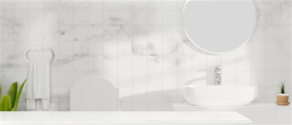 فضای ماکت روی میز سفید برای محصولات مونتاژ آبگرم یا حمام روی حمام مرمر سفید شیک در پس زمینه رندر سه بعدی تصویر سه بعدی