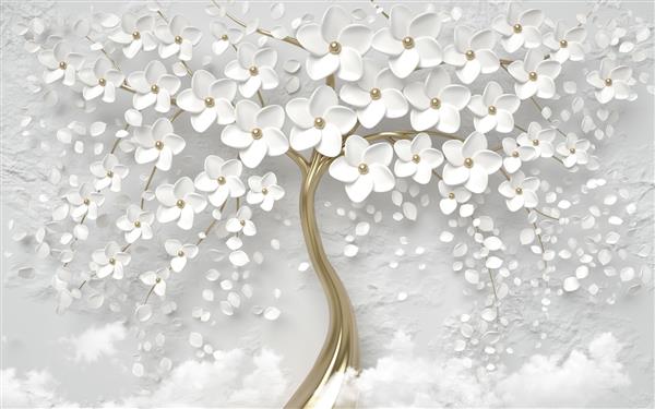رندر سه بعدی درخت ساکورا با گل های سفید در پس زمینه خاکستری برای کاغذ دیواری چاپ دیجیتال کاغذ دیواری طرح سفارشی