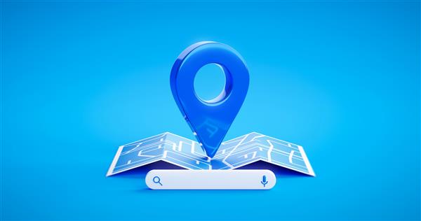 نماد علامت پین مکان آبی رنگ و نقشه ناوبری GPS جهت جاده یا نماد فناوری نوار جستجوی اینترنتی در پس‌زمینه مکان موقعیت با ناوبر مقصد سفر علامت مسیر پیدا کنید رندر سه بعدی