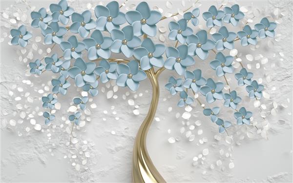 درخت تصویر سه بعدی با گل های آبی برای کاغذ دیواری چاپ دیجیتال کاغذ دیواری طرح سفارشی