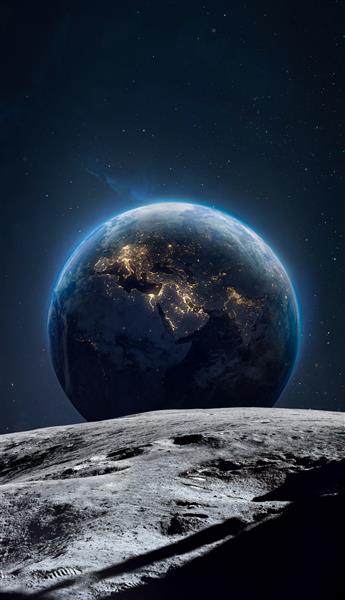 سطح ماه و سیاره زمین در شب در فضای بیرونی برنامه فضایی ماه آرتمیس پیاده روی ماه آپولو عناصر این تصویر توسط ناسا ارائه شده است