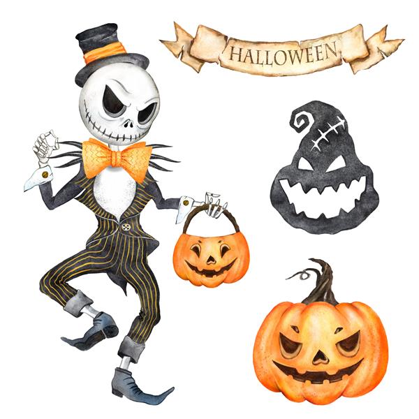 مجموعه آبرنگ تعطیلات هالووین اسکلت کدو تنبل مرد هیولا شب ترسناک ترسناک هالووین خنده دار