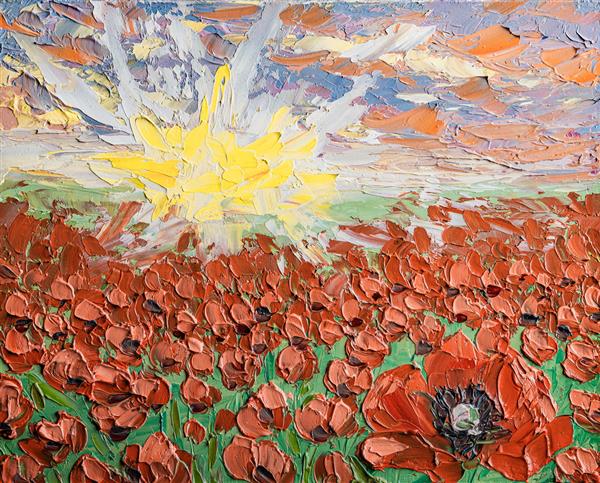 مزرعه خشخاش قرمز و غروب خورشید نقاشی رنگ روغن