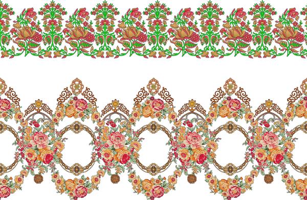 الگوی بدون درز گلدار نساجی دیجیتال با هنر مغول و حاشیه‌های نقوش پیزلی