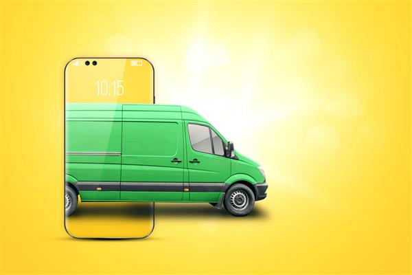 گوشی هوشمند و مینی بوس سبز در پس زمینه زرد مفهوم تحویل سفارش آنلاین برنامه تلفنی جابجایی ارسال با ماشین به همه جا