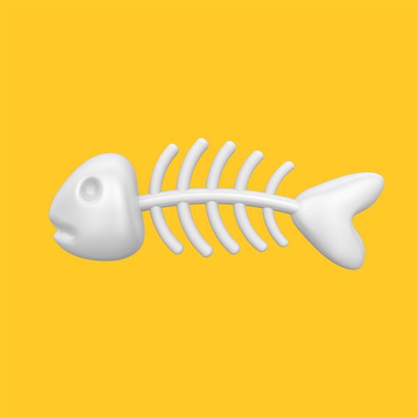 تصویر رندر سه بعدی از اسکلت ماهی سبک کارتونی جدا شده در پس زمینه زرد نماد ساده برای وب و برنامه