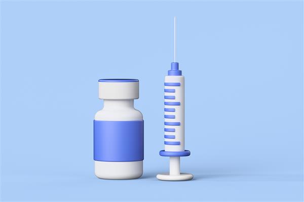 نمای نزدیک از آمپول کارتونی واکسن کرونا در زمینه آبی تصویر رندر سه بعدی