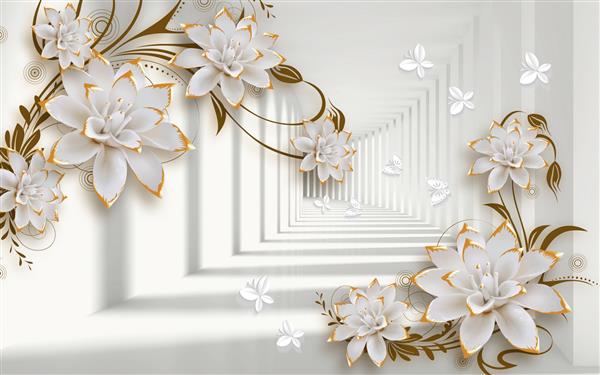 کاغذ دیواری سه بعدی پس زمینه سفید انتزاعی با گل های کوچک و بزرگ پروانه های سفید