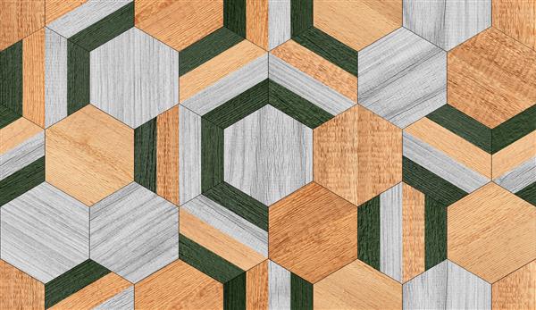 پس زمینه چوبی بدون درز با طرح موزاییک شش ضلعی پانل رنگارنگ ساخته شده از کاشی های چوبی برای دکور دیوار بافت کف پارکت