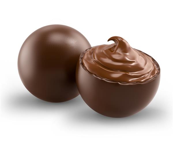توپ های شکلاتی با سس شکلات مایع در زمینه سفید رندر سه بعدی