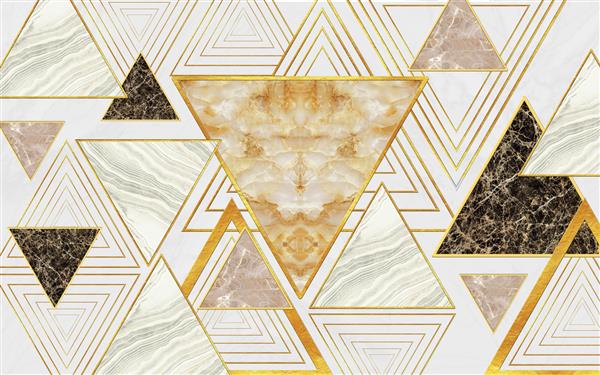 تصویر سه بعدی الگوی هندسی انتزاعی با مثلث های مرمری و قاب های مثلثی طلایی روی پس زمینه روشن