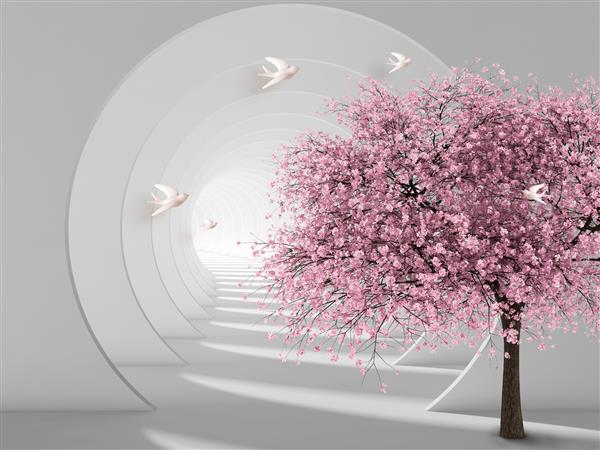 کاغذ دیواری سه بعدی تونل با درختان و گل های صورتی بهاری و پرندگان