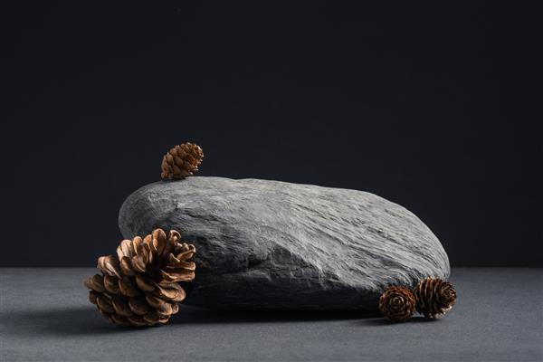 نمایش محصول سنگ سیاه و مخروط در پس زمینه تیره پس زمینه عطر جواهرات و لوازم آرایشی مینیمال زمستانی ماکت خلاقانه