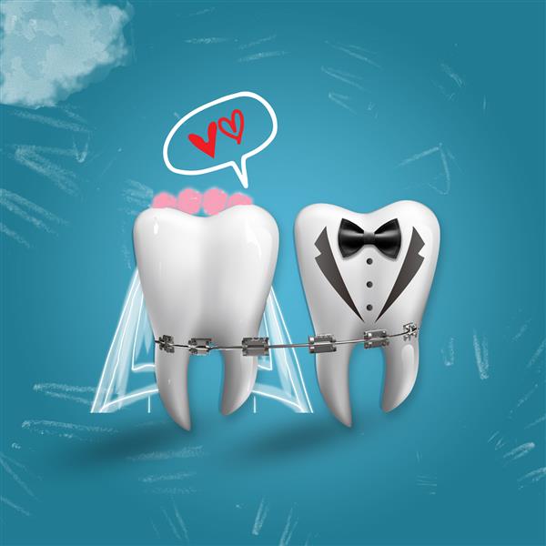 طراحی دندان با بریس مانند عروس و داماد در زمینه آبی روشن برای تبلیغات با فضای کپی