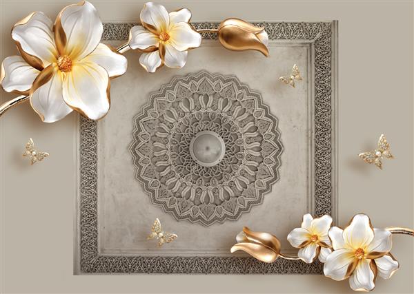 کاغذ دیواری سه بعدی حک شده با گل های طلایی و پروانه ها