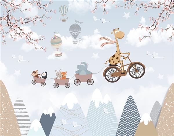 حیوانات کاغذ دیواری کودکان روی دوچرخه در پس زمینه کوه برای کاغذ دیواری چاپ دیجیتال کاغذ دیواری طرح سفارشی