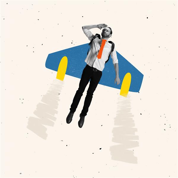 کلاژ هنر معاصر از انسان در حال پرواز در هواپیما که نماد رشد حرفه ای و شخصی است مفهوم انگیزه دستاورد اهداف شغل اشتغال فضای تبلیغاتی را کپی کنید
