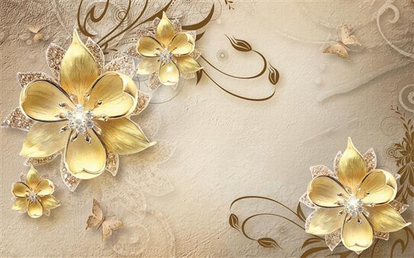 کاغذ دیواری سه بعدی با پس زمینه قهوه ای و گل ها و پروانه های طلایی