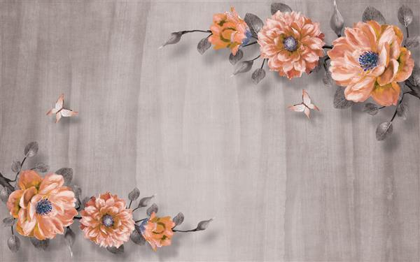 کاغذ دیواری سه بعدی پس زمینه تیره با گل رز صورتی و پروانه