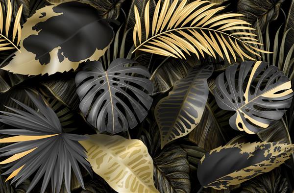 کاغذ دیواری سه بعدی برگ های استوایی تیره و طلایی برگ های نخل