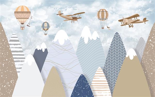 عکس کودکانه برای کاغذ دیواری کوه با بادکنک و هواپیما برای کاغذ دیواری چاپ دیجیتال کاغذ دیواری طرح سفارشی