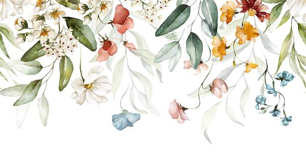 حاشیه دسته گل - برگ های سبز و گل های صورتی رژگونه در زمینه سفید حاشیه بدون درز با آبرنگ تصویرسازی گل الگوی شاخ و برگ
