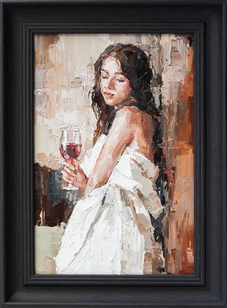 قاب شده دختر جوانی که در یک ملحفه پیچیده شده است شراب قرمز را در یک لیوان می نوشد نقاشی رنگ روغن روی بوم