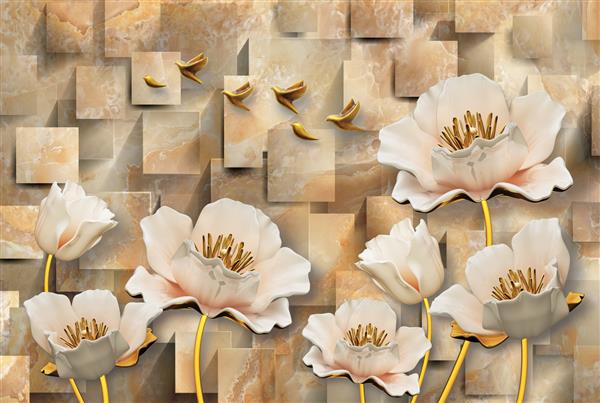 کاغذ دیواری سه بعدی با پس زمینه قهوه ای و گل ها و پرندگان طلایی